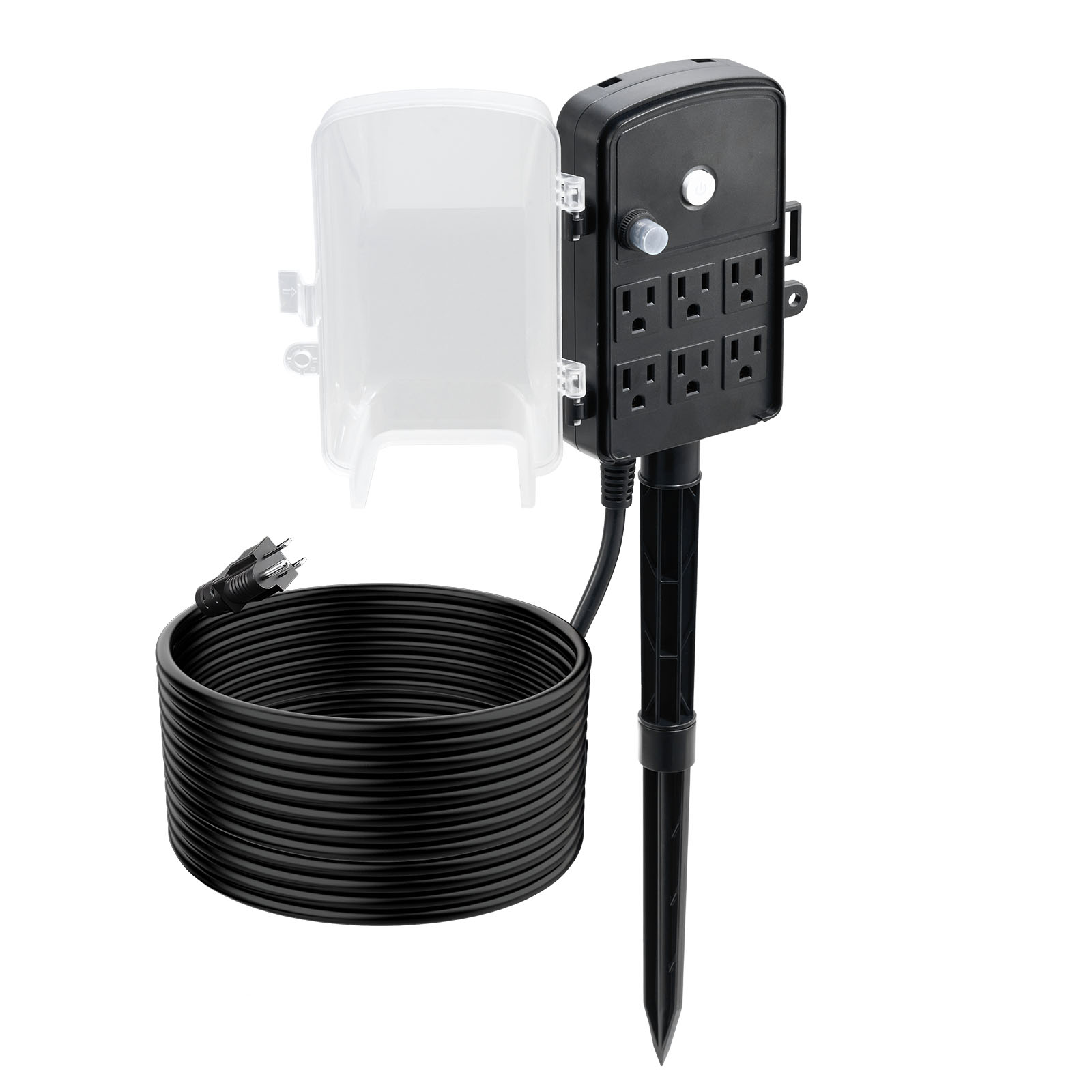 KFFKFF Outdoor Power Stake with 25 FT Extension Cord, Weather-Resistant Power Strip with Cover and Overload Protection, 6 Outlets, 15A/1875W Capacity, Waterproof Yard Stake for Holiday Lighting