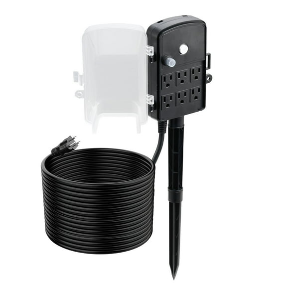 KFFKFF Outdoor Power Stake with 50 FT Extension Cord, Weather-Resistant Power Strip with Cover and Overload Protection, 6 Outlets,15A/1875W, Waterproof Multi-Outlet Yard Stake for Holiday Decorations