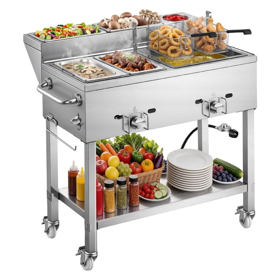 KFFKFF Outdoor Propane Deep Fryer with Dual Burners (11,600 BTU Each), Commercial Frying Cart Featuring Two 1/3 Size Food Warming Pans and 4 Lockable Wheels, Ideal for Cooking Fried Chicken and Fries