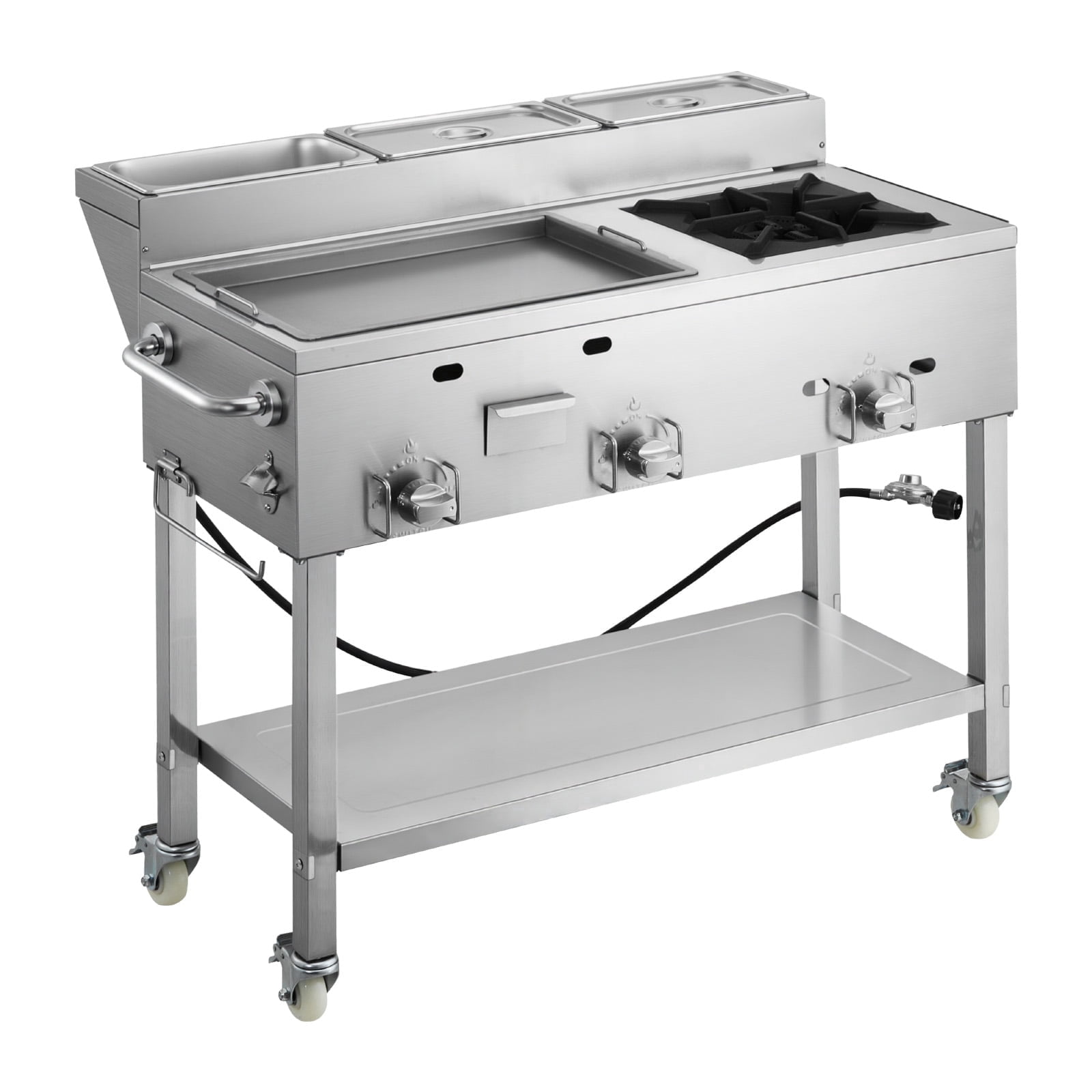 KFFKFF Outdoor Propane Griddle with 3 Burners (11,600 BTU Each), Stainless Steel Cooking Surface, Includes Three 1/3 Size Food Pans, Portable Cart with Wheels and Gas Stove