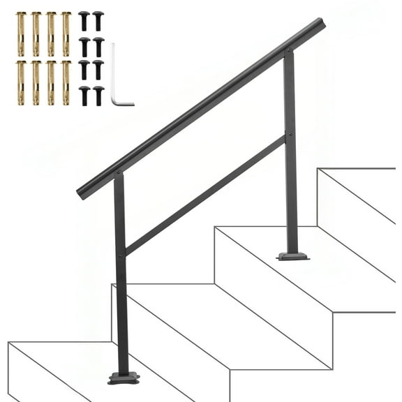 KFFKFF Outdoor Stair Handrail, Adjustable Aluminum Railing for 3-4 Steps, 47.6 x 35.2 Inches, Black Finish, Suitable for Stairs with 0 to 30 Degree Angles