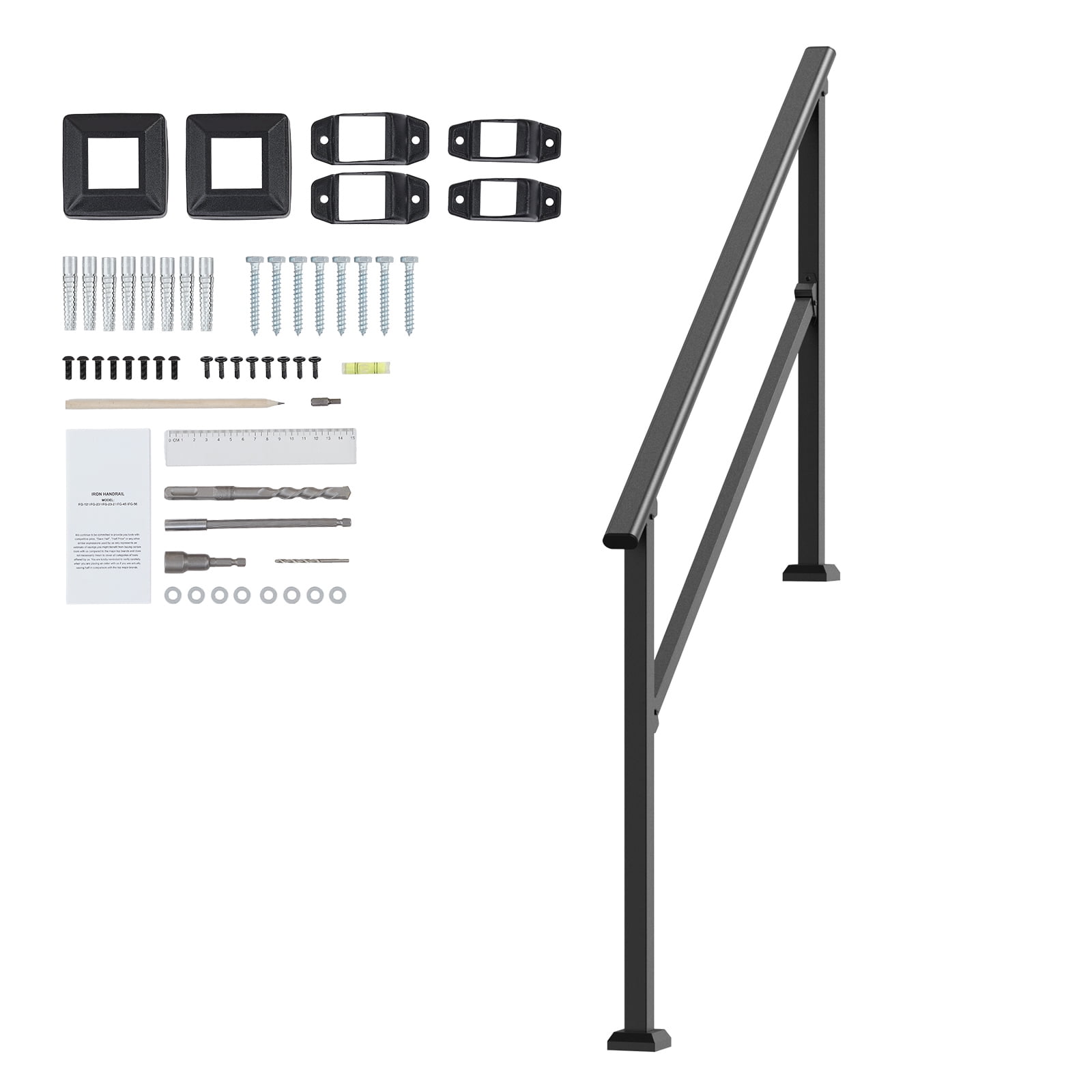KFFKFF Outdoor Step Handrails, Fits 4-5 Steps, Sturdy Carbon Steel Stair Rail Kit with Install Tools, Safety Hand Rails for Seniors, Ideal for Concrete Steps, Porches & Decks, Square Black Design