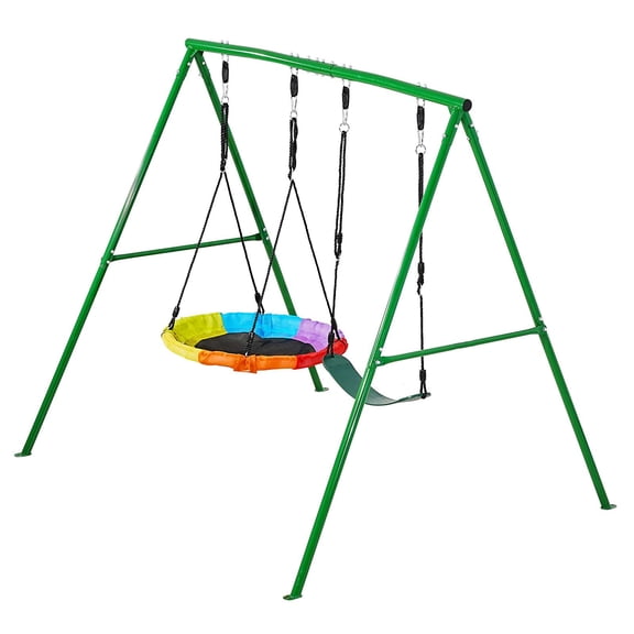 KFFKFF Outdoor Swing Set with 32-inch Saucer Seat and Belt Seat, Heavy-Duty Metal Frame, 440 lbs Capacity, Includes Spiral Ground Anchors, Perfect for Backyard Fun for Kids