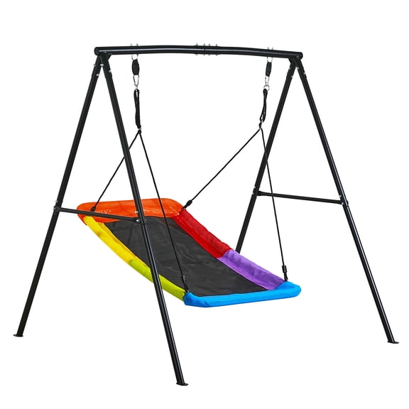 KFFKFF Outdoor Swing Set with 60 x 32 in Seat and Sturdy Metal A-Frame Stand, 440 lbs Capacity, Includes Spiral Ground Anchors, Perfect for Kids' Backyard Fun, Black with Vibrant Colors