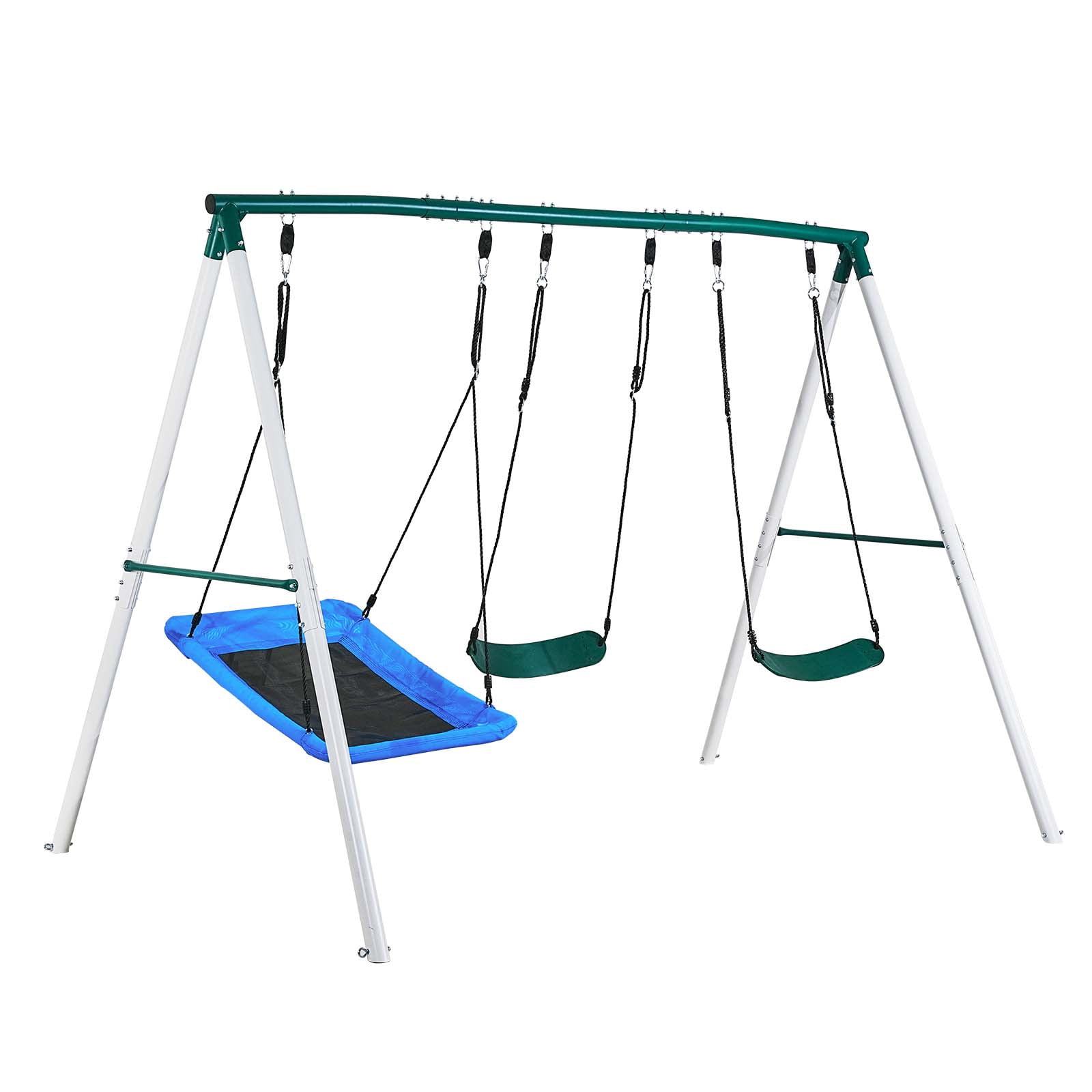 KFFKFF Outdoor Swing Set for Backyard, 45 x 30 in Swing Seat with Two Belt Seats, Heavy-Duty A-Frame Metal Stand, 700 lbs Weight Capacity, Reinforced with Spiral Ground Anchors, Perfect for Kids