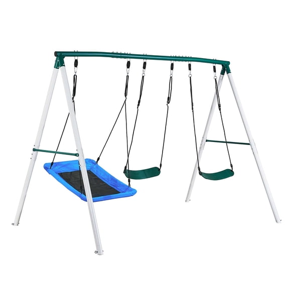 KFFKFF Outdoor Swing Set for Backyard, 45 x 30 in Swing Seat with Two Belt Seats, Heavy-Duty A-Frame Metal Stand, 700 lbs Weight Capacity, Reinforced with Spiral Ground Anchors, Perfect for Kids