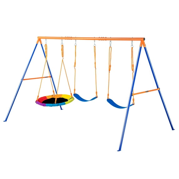 KFFKFF Outdoor Swing Set for Children, Capable of Supporting 600lbs, Includes 1 Round Swing Chair, 2 Strap Swing Seats, Robust A-Shape Metal Swing Frame and Modifiable Rope, Kids' Backyard Swingset