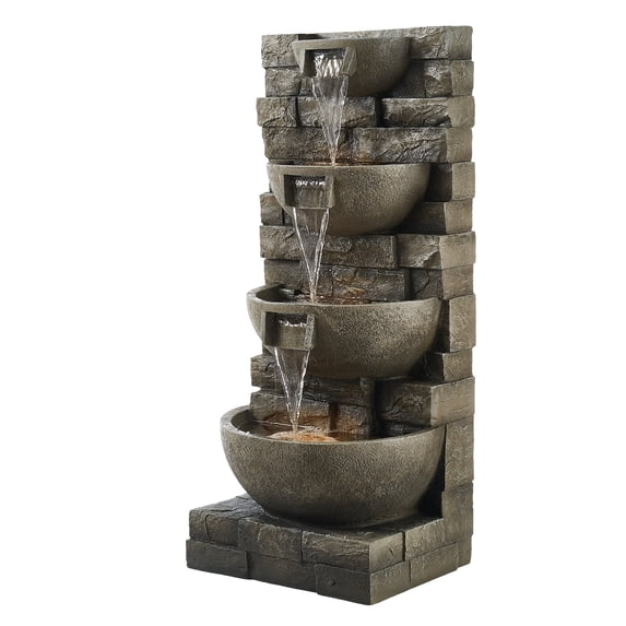 KFFKFF Outdoor Water Fountain, 35.63-Inch Tall 4-Tier Cascading Design with LED Light and Pump, Modern Block Stack Style for Garden, Patio, Backyard, or Indoor Spaces