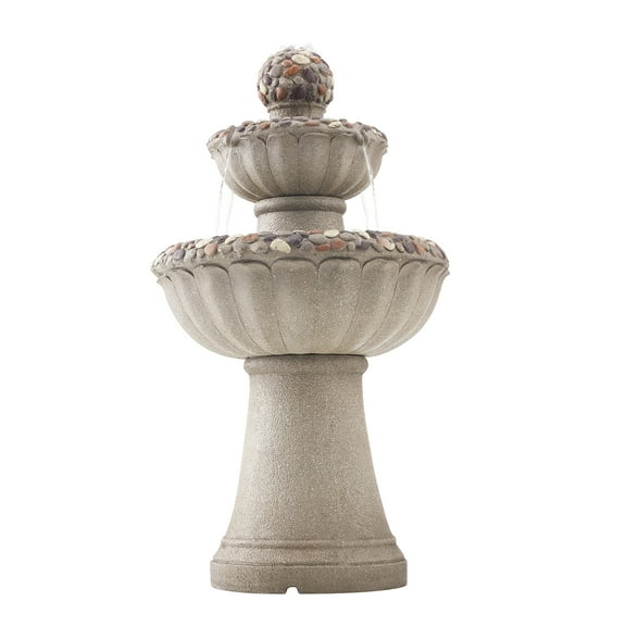 KFFKFF Outdoor Water Fountain, 36.5-Inch Tall 2-Tier Design with Rock-Style Base, Fiberglass and Resin Construction, Includes Pump, Ideal for Garden, Patio, Backyard, or Indoor Spaces