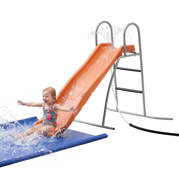 KFFKFF Outdoor Water Slide, 5.5ft Kids' Playground Slide with Adjustable Sprinkler, Free-Standing Pool Wave Slide and 6.5ft Ground Tarp for Backyard Entertainment
