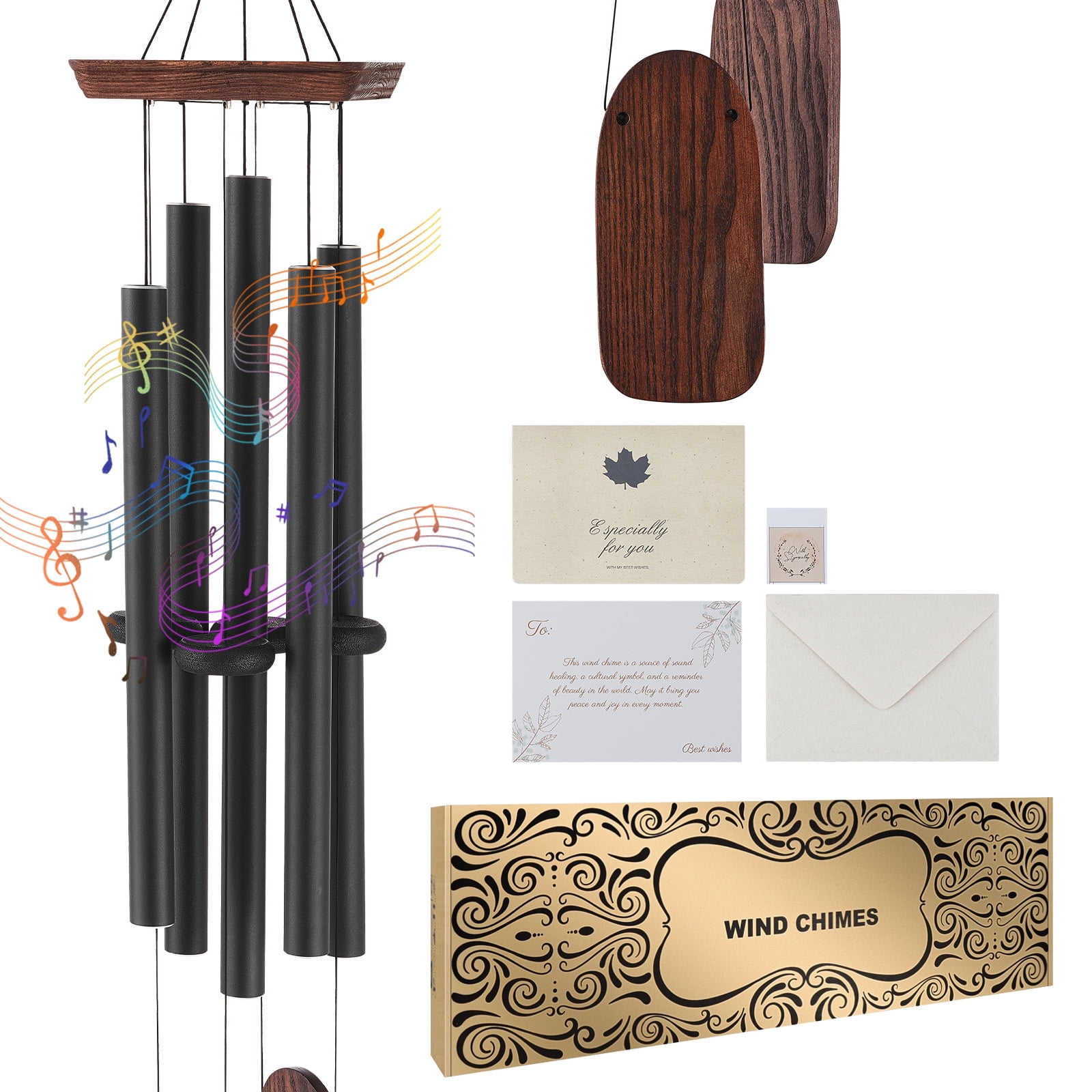 KFFKFF Outdoor Wind Chimes, 1220 mm, Richly Toned Wind Chimes with 5 Tubes, Distinctive Large Commemorative Wind Chimes for Celebrations, Remarkable Exterior Adornment, Black