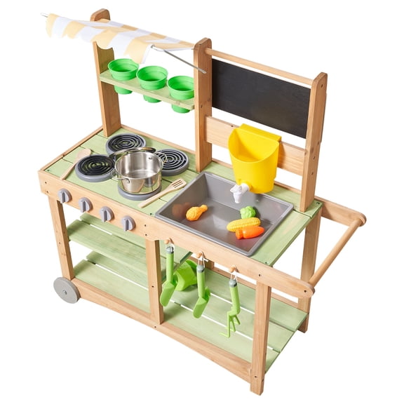 KFFKFF Outdoor Wooden Mud Kitchen for Kids, Play Kitchen with Sink, Sunshade Canopy, Wheels, Cooking Utensils, Pots, and Accessories for Backyard or Home Use