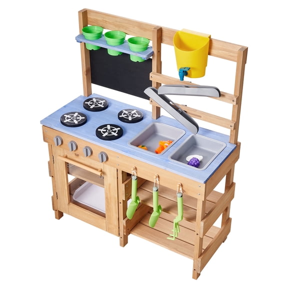 KFFKFF Outdoor Wooden Mud Kitchen for Kids, Play Kitchen with Stove, Hooks, Sink, Gardening Tools, Utensils, Cookware, and Accessories for Water and Sand Play