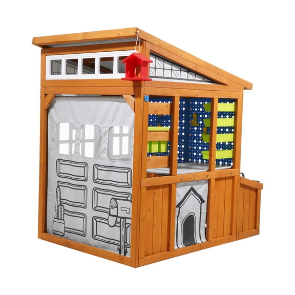 KFFKFF Outdoor Wooden Playhouse for Kids, Cedar Cottage with Bird Nest, Doorbell, Trash Bin, Gravity Wall Set, Storage Pocket, Windowsill, and Rounded Corners, Suitable for Ages 3 to 10