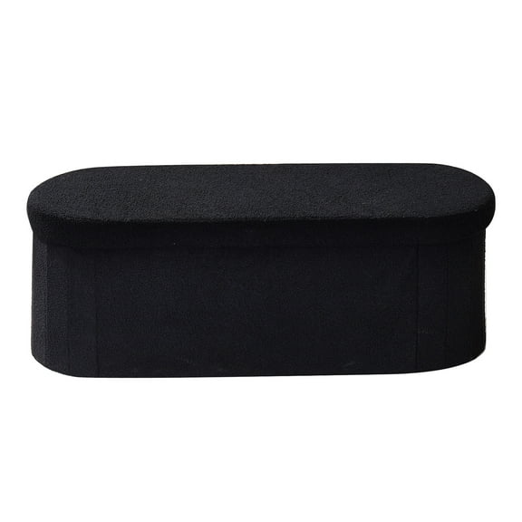 KFFKFF Oval Storage Ottoman Bench, Foldable Teddy Fleece Upholstered Bench with Spacious Storage, Supports 660 lbs, Ideal for Living Room, Bedroom, or Entryway, Black