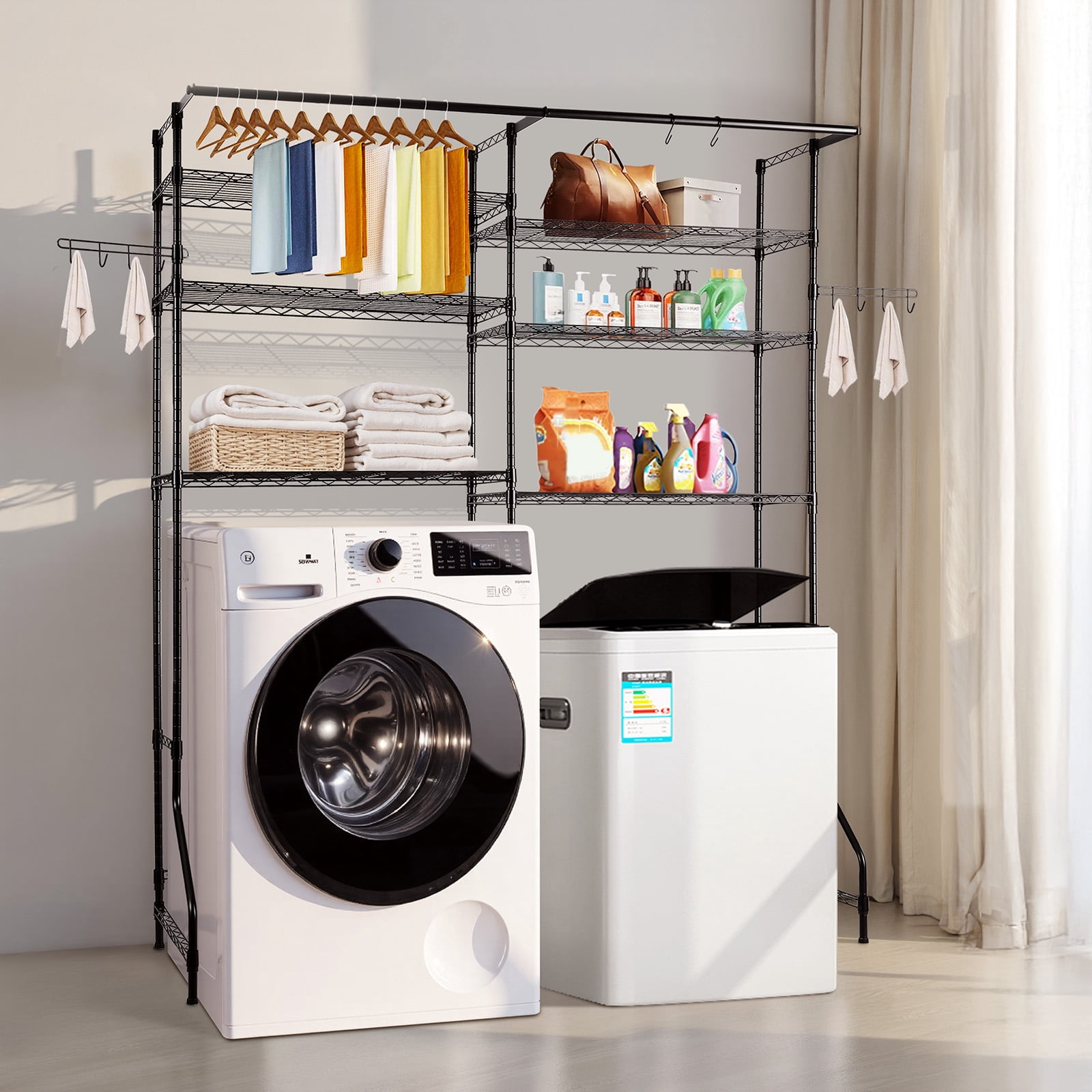 KFFKFF Over Washer and Dryer Storage Rack, 63" Clothes Rack with Adjustable Shelves, 330lb Capacity, Ideal for Laundry Storage & Arrangement, Black