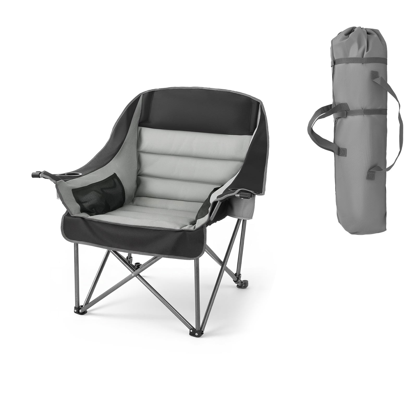 KFFKFF Oversized Camping Chair, 450 lbs Weight Capacity, Portable Padded Folding Chair with Dual Cup Holders and Wine Glass Holders,Carry Bag for Outdoor Activities,Fishing,Black and Gray,Single Pack
