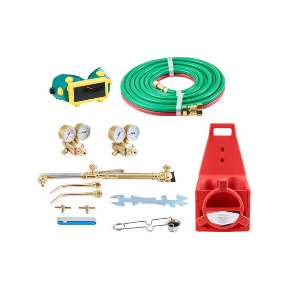 KFFKFF Oxy Acetylene Welding Kit, Gas Cutting and Welding Set, 14-Piece Portable Oxy Acetylene Soldering Kit with 177'' Dual-Hose, Cutting Nozzle, 2 Soldering Tips & Cylinder Stand