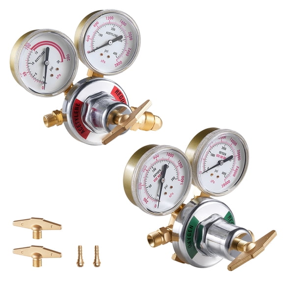 KFFKFF Oxygen Acetylene Regulator Set, Welding Gas Regulators with 0-4000 PSI and 0-400 PSI Gauges, Compatible with CGA-540/CGA-510 Inlet and 9/16"-18 Outlet Connections, Adjustable T-Handle Design