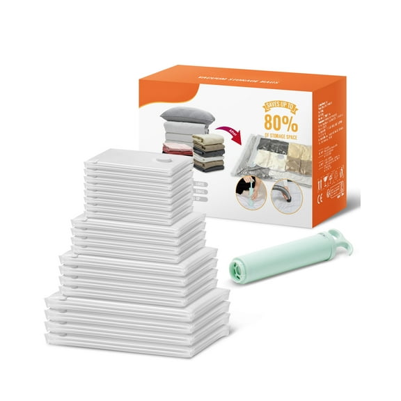 KFFKFF Pack of 20 Vacuum Storage Bags, Assorted Sizes (4 Jumbo/4 Large/4 Medium/4 Small/4 Roll), Zipper-Sealed Compression Bags with Hand Pump, Suitable for Clothing, Bed Linens, Blankets, Pillows