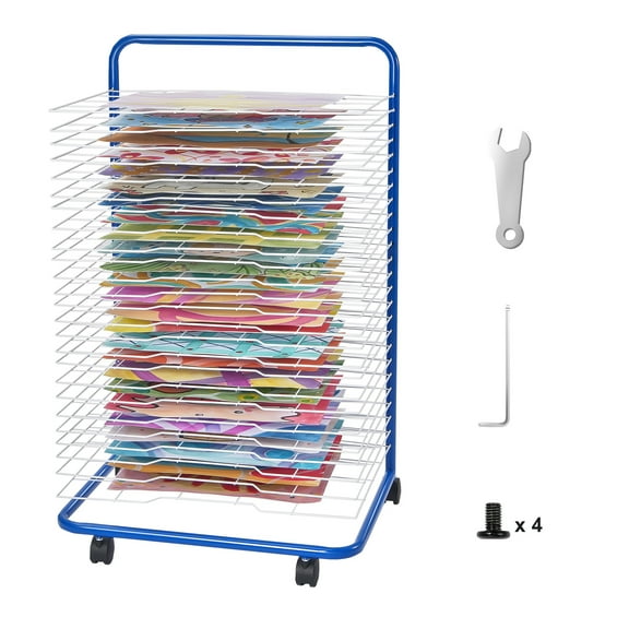KFFKFF Paint Organizer, 25 Detachable Trays, 23.75x17.5x38 in, Mobile Art Rack, Carbon Steel, for Classrooms, Studios, Schools, Blue/White