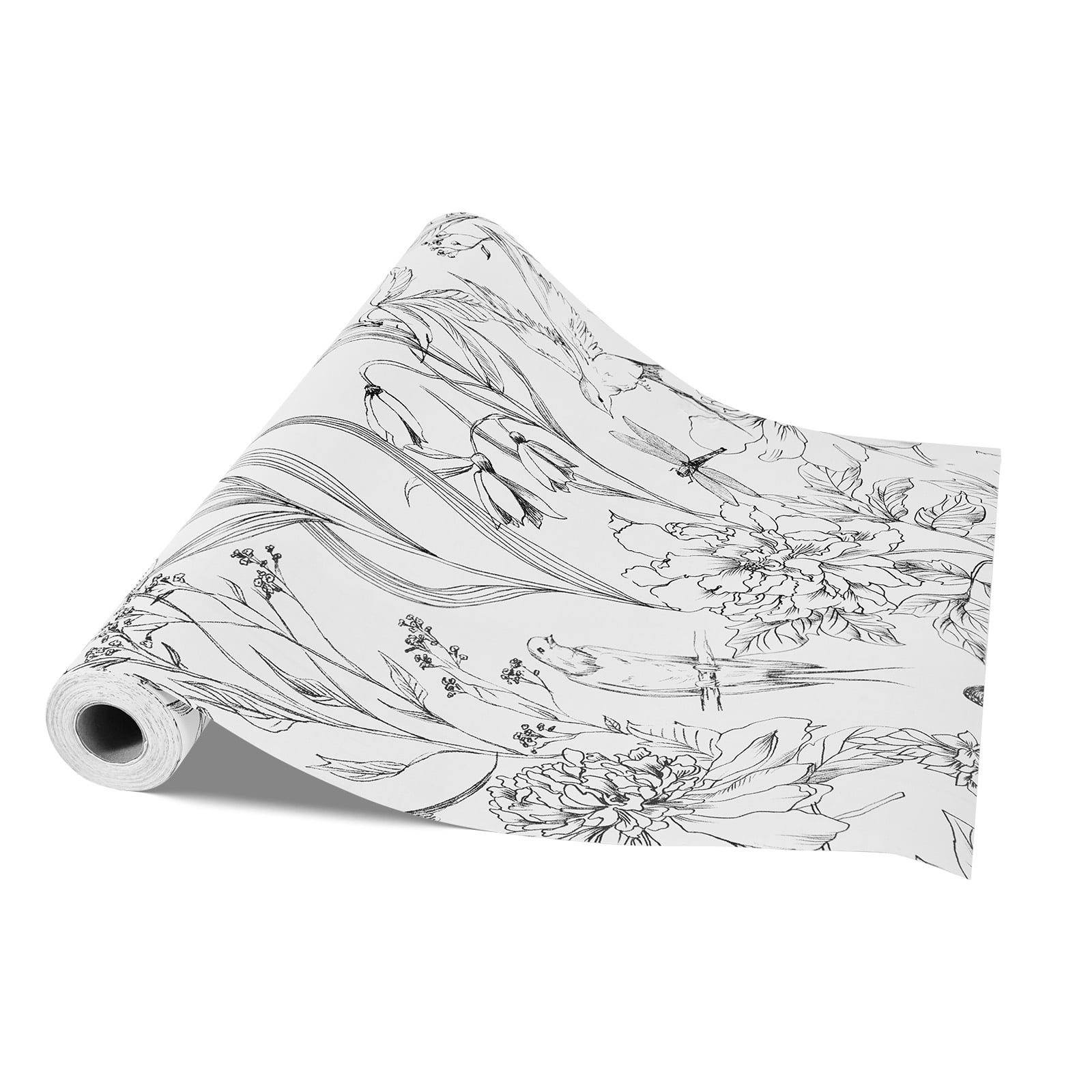 KFFKFF Peel and Stick Wallpaper, 17.7 x 393.7 inch Contact Paper with White Line Art Botanical Floral Design, Waterproof and Self-Adhesive Vinyl Roll for Bedroom, Kitchen, Bathroom