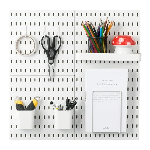 KFFKFF Pegboard Organizer Kit, 11" x 11" Plastic Panels, 4-Piece Set, Wall-Mounted Storage Solution with Accessories for Garage, Kitchen, Craft Room, Office, and Bathroom, White