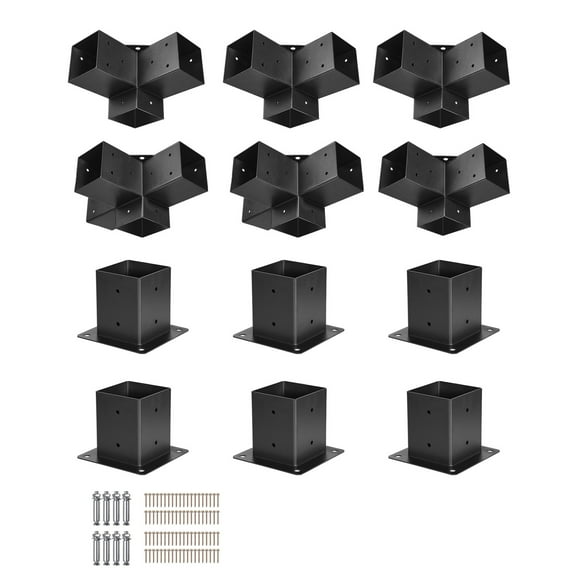 KFFKFF Pergola Kit, 4x4 Inch Brackets for 3.5x3.5 Inch Wooden Beams, Includes 3-Way (4 Pcs) and 4-Way (2 Pcs) Connectors with 6 Post Bases, Suitable for Outdoor Pergolas, Gazebos, and Sheds