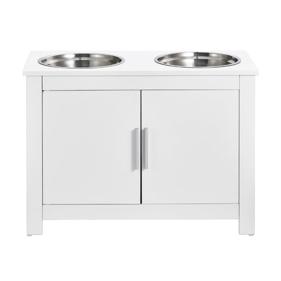 KFFKFF Pet Dining Area with Dual Metal Dishes, Raised Canine Feeding System with Cabinet, Food and Toy Storage Unit for Pets, Contemporary Design for Dogs