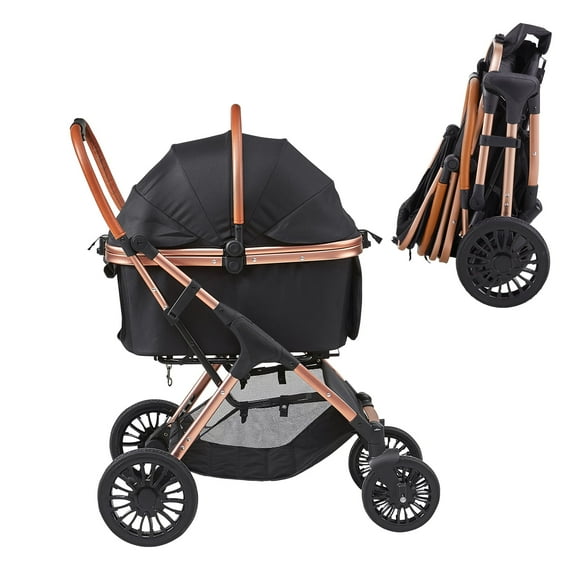 KFFKFF 66lbs Pet Stroller, 4 Wheels and Brakes, Detachable Carrier, Storage Basket, and Cushion, Suitable for Small to Medium Dogs, Black