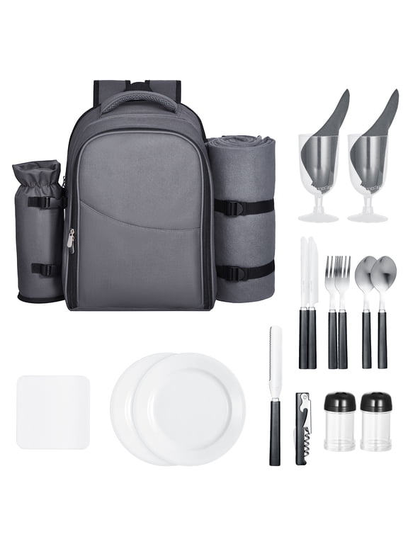 Picnic Backpack with Insulated Cooler, 2-Person Bag Featuring Detachable Bottle Holder, Lightweight Blanket, Plates, and Cutlery Set for Outdoor Activities, Grey