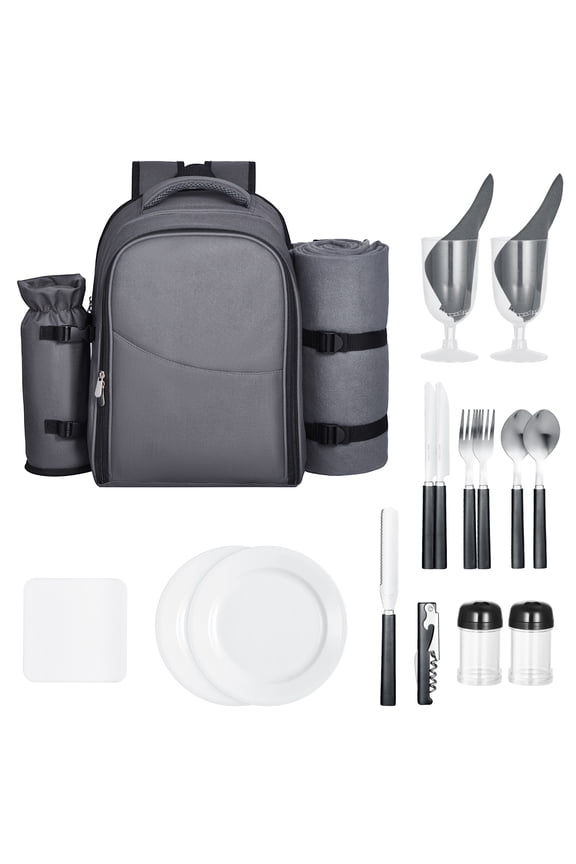 Picnic Backpack with Insulated Cooler, 2-Person Bag Featuring Detachable Bottle Holder, Lightweight Blanket, Plates, and Cutlery Set for Outdoor Activities, Grey