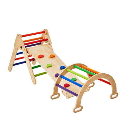 KFFKFF Pikler Triangle Set, Quintuple Toddler Ascending Playthings Indoor Play Area, Incline, and Archway, Montessori Ascending Kit with Triangle