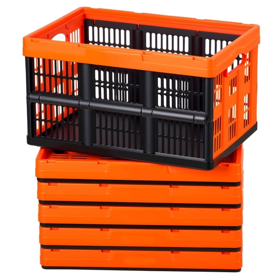 KFFKFF Plastic Collapsible Storage Bins, 45L Set of 6, Stackable Folding Crates with Handles, Supports 33 lbs Per Bin, Durable Foldable Containers, Space-Saving Baskets for Home Organization