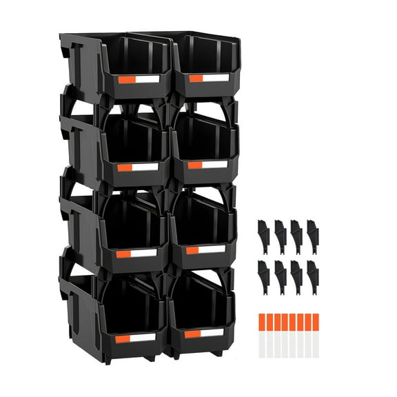 KFFKFF Plastic Stackable Storage Containers, 10.9 x 5.5 x 5.1 inch (Set of 8), Durable Organizing Bins for Closets, Garages, Office Supplies, Small Items, and Accessories, Black