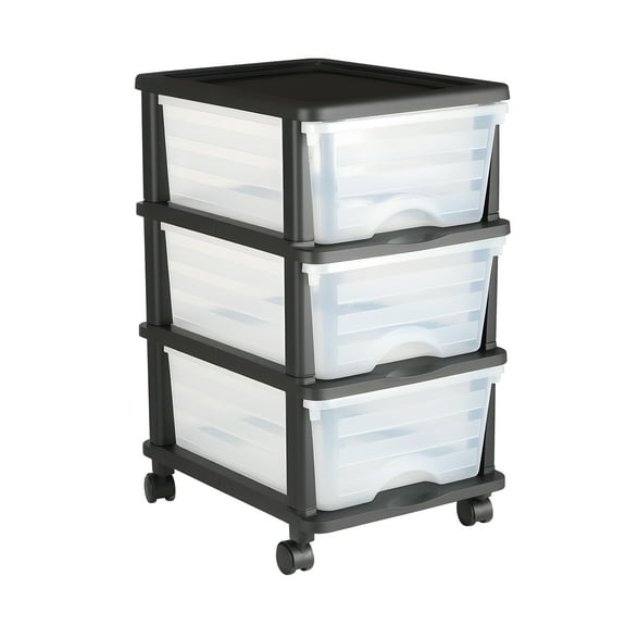 KFFKFF 50L 3 Storage Drawer Cart, Clear Plastic Storage Drawers with Wheels, Sturdy Cart with 3 Bins for Office Supplies, Craft Rooms