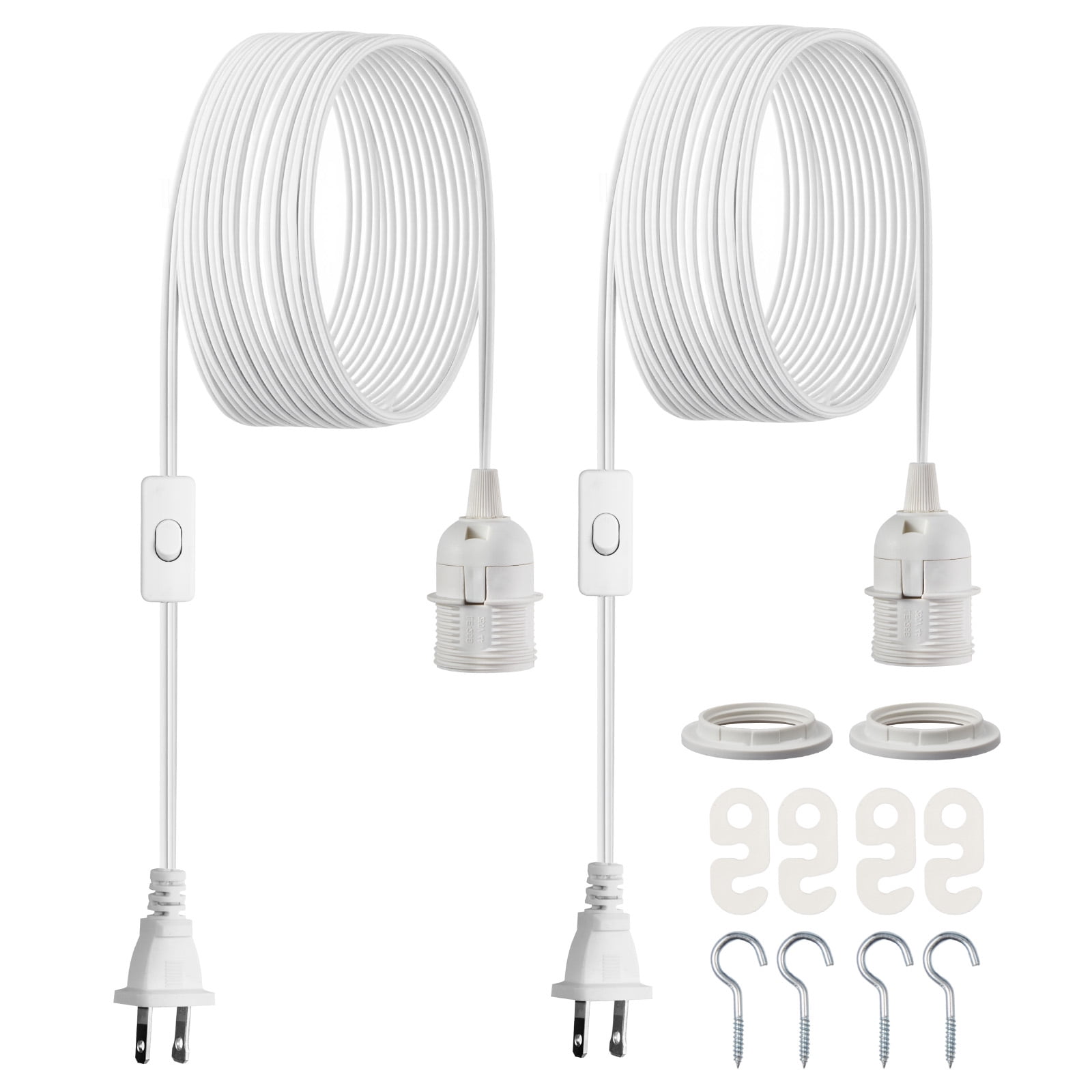 KFFKFF Plug-in Pendant Light Cord Kit, 16ft Extension Cords, 2-Pack E26 Lamp Socket Replacement, Durable and Reliable, Simple Installation, Hanging Light Kit with On/Off Switch and Socket Rings