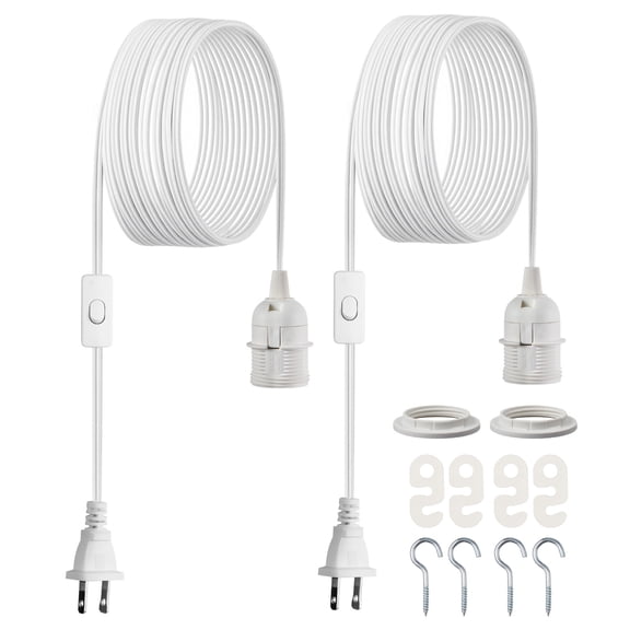 KFFKFF Plug-in Pendant Light Cord Kit, 16ft Extension Cords, 2-Pack E26 Lamp Socket Replacement, Durable and Reliable, Simple Installation, Hanging Light Kit with On/Off Switch and Socket Rings