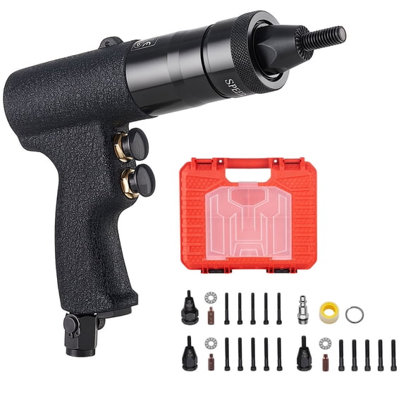KFFKFF Pneumatic Rivet Nut Gun Kit with Multiple Gun Heads, 20 Mandrels, 2500LBS Force, Forward & Reverse Switch, Air Rivet Nut Tool for Automotive, Construction, and Industrial Applications