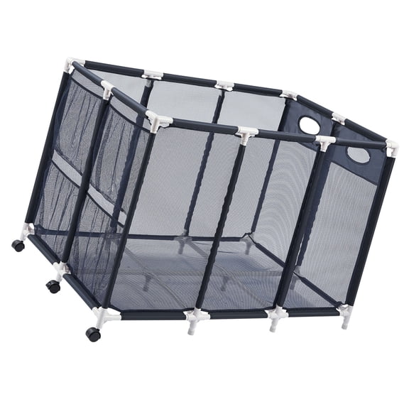 KFFKFF Pool Storage Bin, 47.2 x 30.2 x 34 in, Rolling Organizer with Side Pockets & Wheels, Durable Plastic Frame, Mesh Basket for Poolside Toys and Float Storage