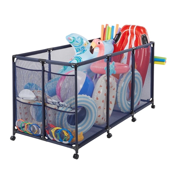 KFFKFF Pool Storage Bin, 69 x 32 x 35 in, Rolling Organizer with Side Pockets & Noodle Holder, Sturdy Metal Frame, Breathable Mesh Basket for Poolside Toys and Swimming Accessories