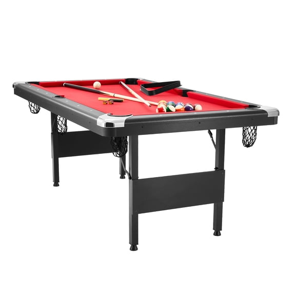 KFFKFF Pool Table, Compact 6.3 ft Billiards Table, Foldable and Space-Efficient, Set Comes with Balls,Cue Sticks,Chalks and Brush, Black Design with Red Cloth, Ideal for Family Game Room for All Ages