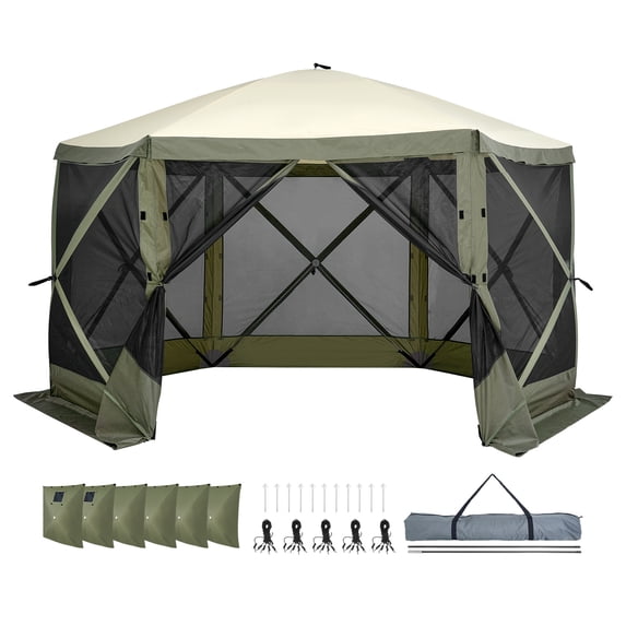 KFFKFF Pop-Up Canopy Tent, 6-Sided Screen Shelter with Detachable Wind Panels & Mesh Windows, 12x12FT Instant Screen House with Bug Netting, Army Green