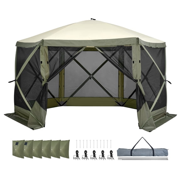 KFFKFF Pop-Up Canopy Tent, 6-Sided Screen Shelter with Detachable Wind Panels & Mesh Windows, 12x12FT Instant Screen House with Bug Netting, Green