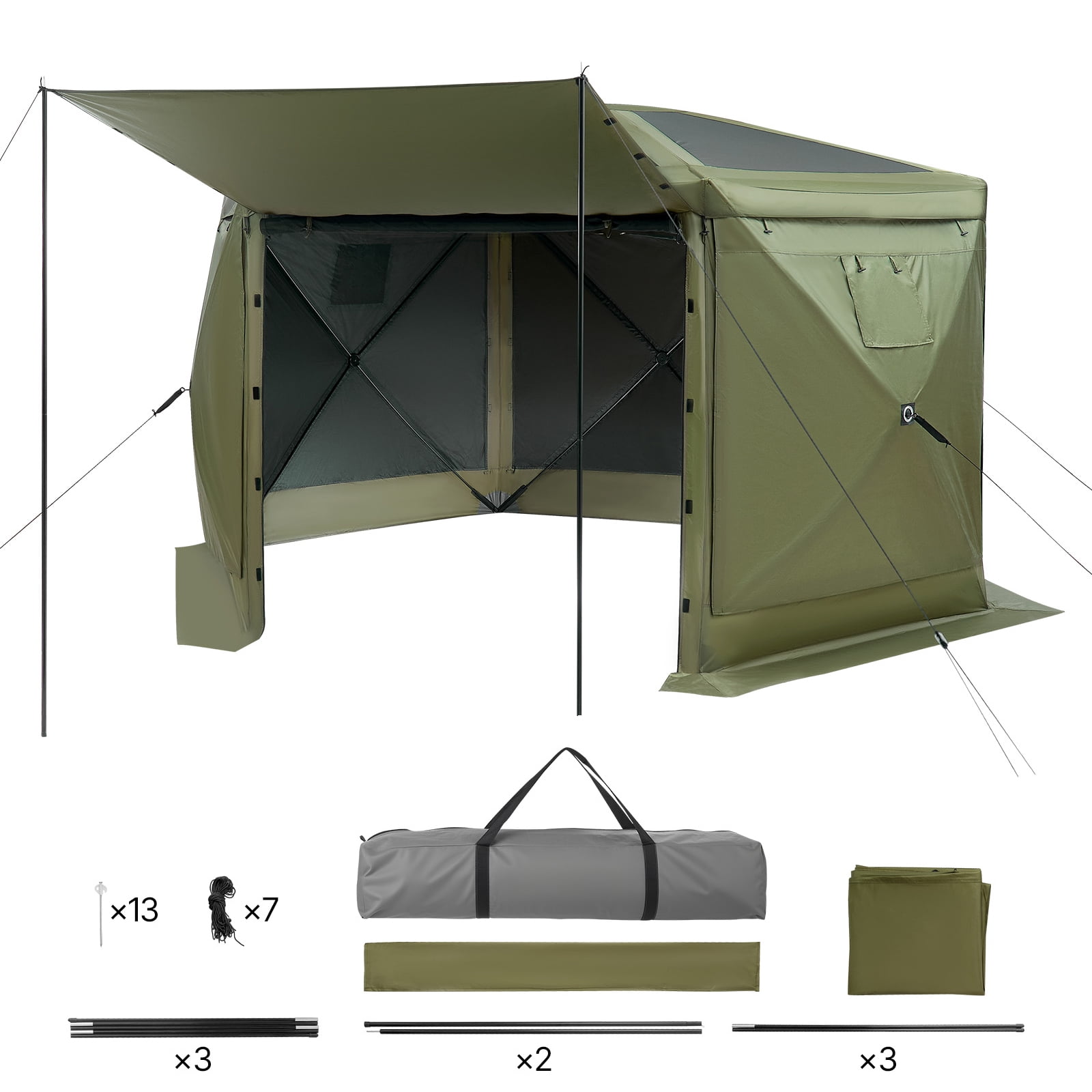 KFFKFF Pop-Up Gazebo Screen Tent, 10 x 10 ft Hexagonal Camping Canopy with Detachable Roof & Carry Bag, Easy Setup & Insect-Resistant, Screened Sun Shelter for 6-8 People, Green
