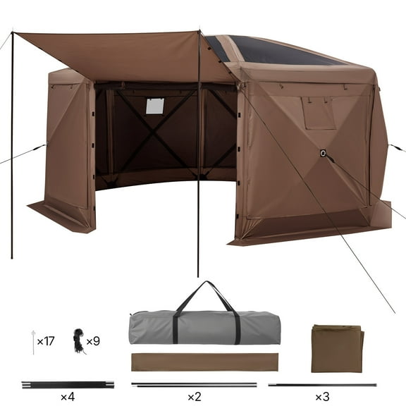 KFFKFF Pop-Up Gazebo Screen Tent, 15 x 15 ft 8-Sided Canopy with Detachable Roof & Storage Bag, Easy Setup & Insect-Resistant, Screened Sun Shelter for 12-15 People Outdoor Use, Brown