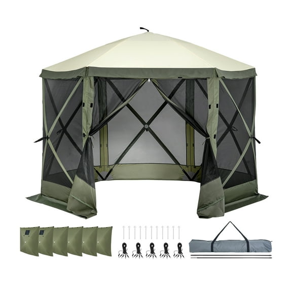 KFFKFF Pop-Up Shelter, 6-Side Gazebo with Detachable Wind Panels & Mesh Windows, 10x10FT Instant Screen House with Bug Protection, Army Green