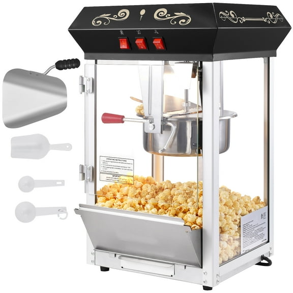 KFFKFF Popcorn Creator, 850W Corn Popping Device, 8 Oz Container Produces 48 Servings Each Cycle, Tabletop Corn Popper with Reinforced Glass, Comes with 4 Ladles, Cinema Inspired Design, Black