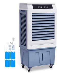 KFFKFF Portable Evaporative Air Cooler, 3100 CFM with 9Gal/34L Water Tank, Swamp Cooler with Remote Control, 12-Hour Timer, 4 Ice Packs, Quiet Functionality, 3 Speed Settings
