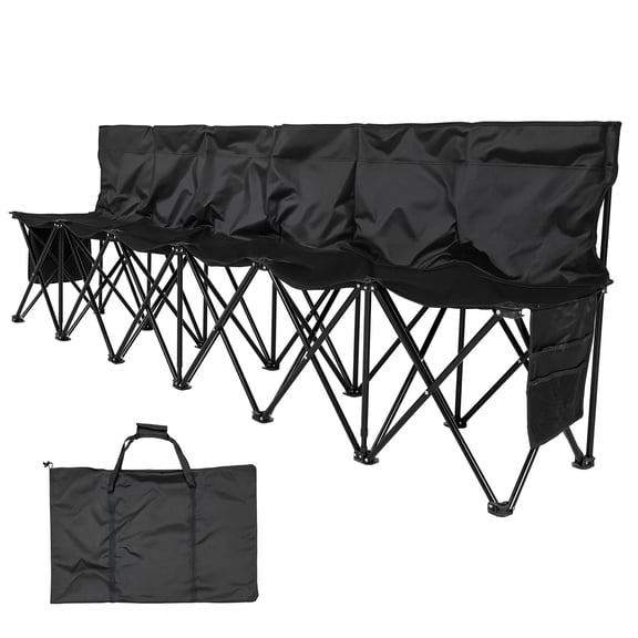 KFFKFF Portable Folding Bench, 6-Seat Sideline Seating with Storage Pockets & Carrying Bag, Lightweight Design with Back Support for Soccer, Baseball, Camping, Outdoor Activities, Black